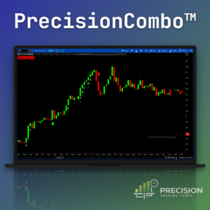 Laptop showing PrecisionCombo trading software with candlestick charts and breakout indicators on a dark display.