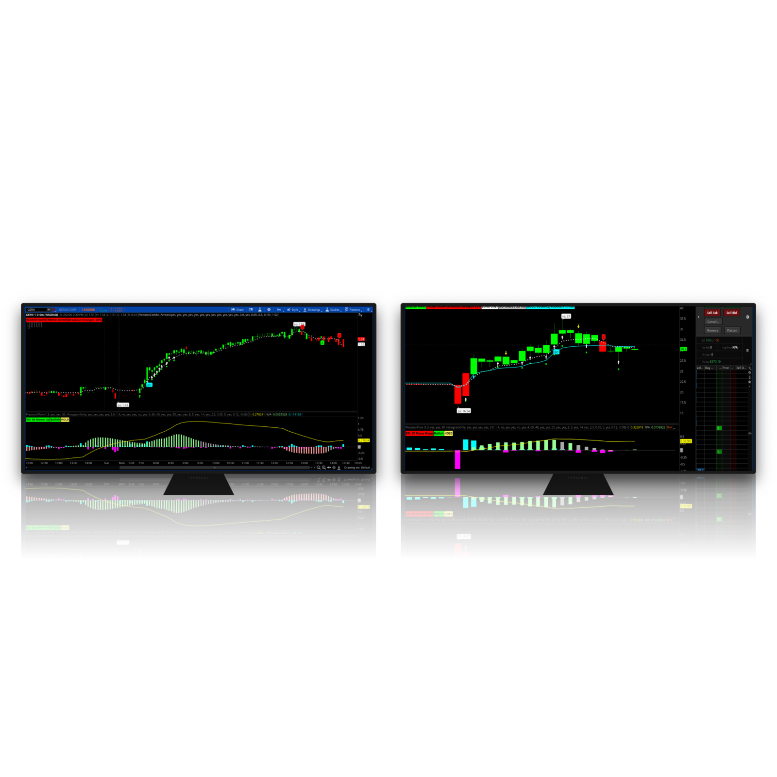 Two monitors showing dark-themed candlestick charts with professional technical analysis and market trend indicators.